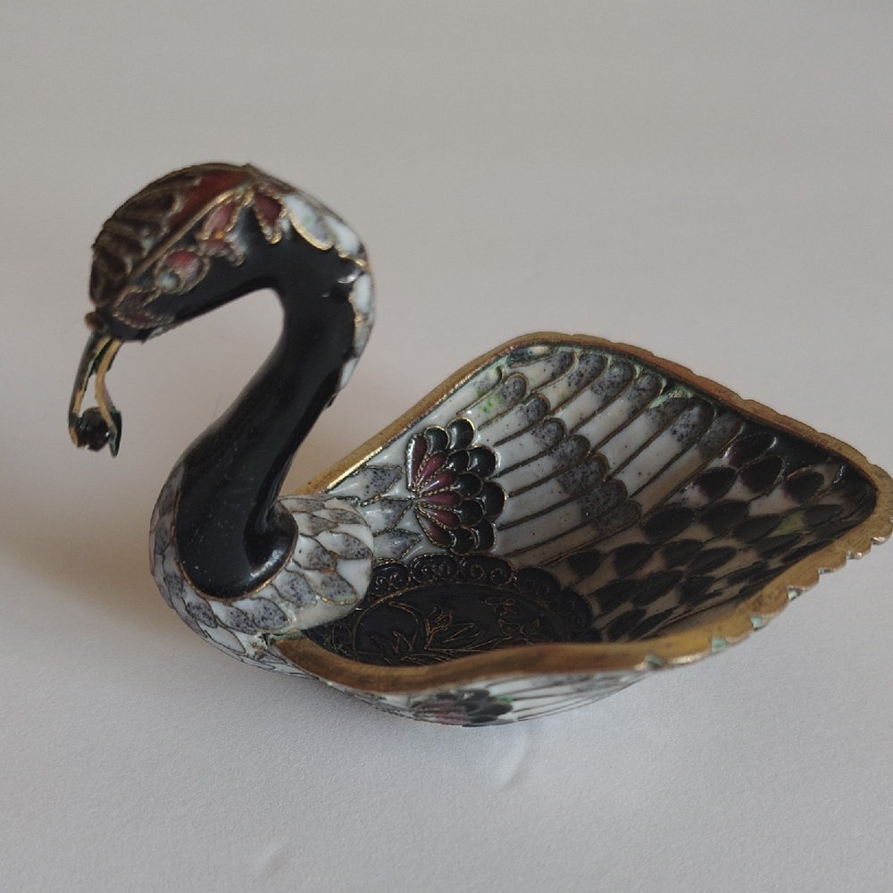 Brass Cloisonne Swan With Fish Trinket Dish/Ashtray